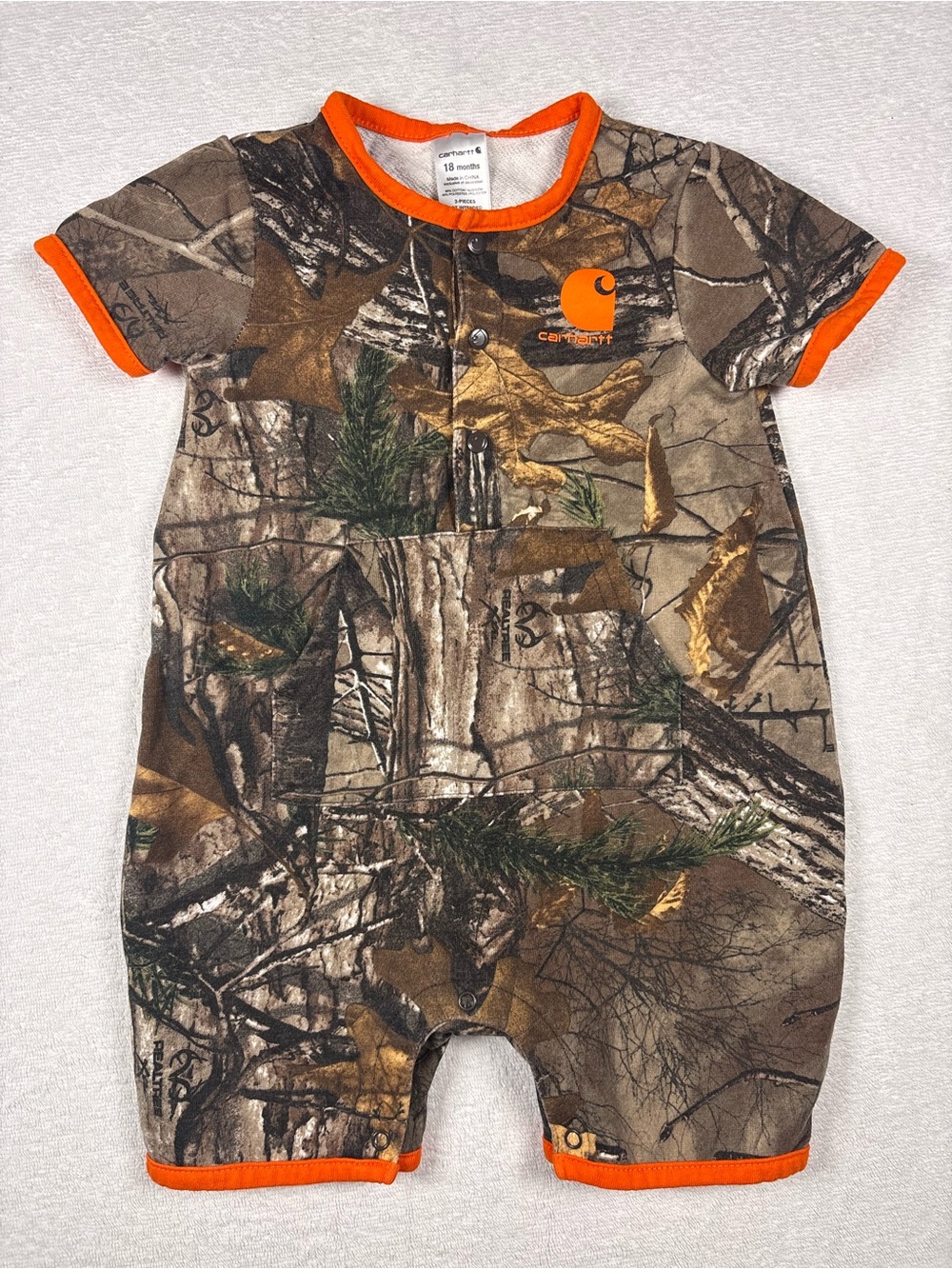 Carhartt Toddler Camo One-Piece Romper with Bright Orange Trim